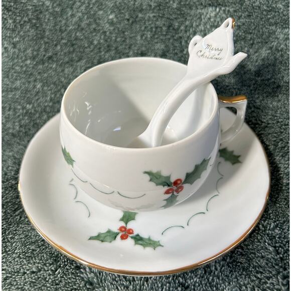 Exquisite Holiday cup saucer and spoon hand painted and signed - Picture 2 of 7